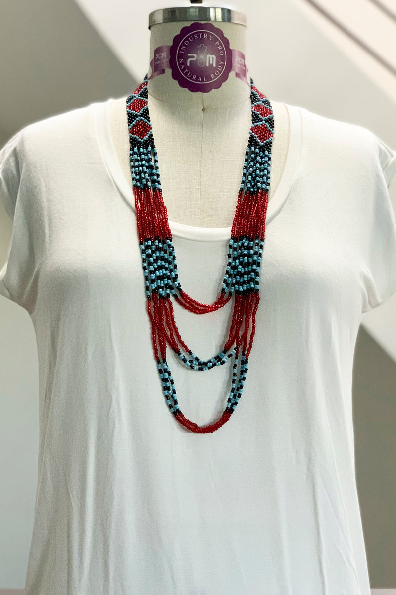Myrna Tribal Beaded Necklace, Turq/Red