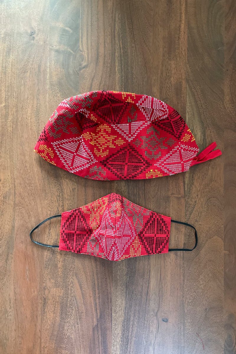 Yakan Handwoven Scrub Cap & Mask Set, 014 Red/Multi
