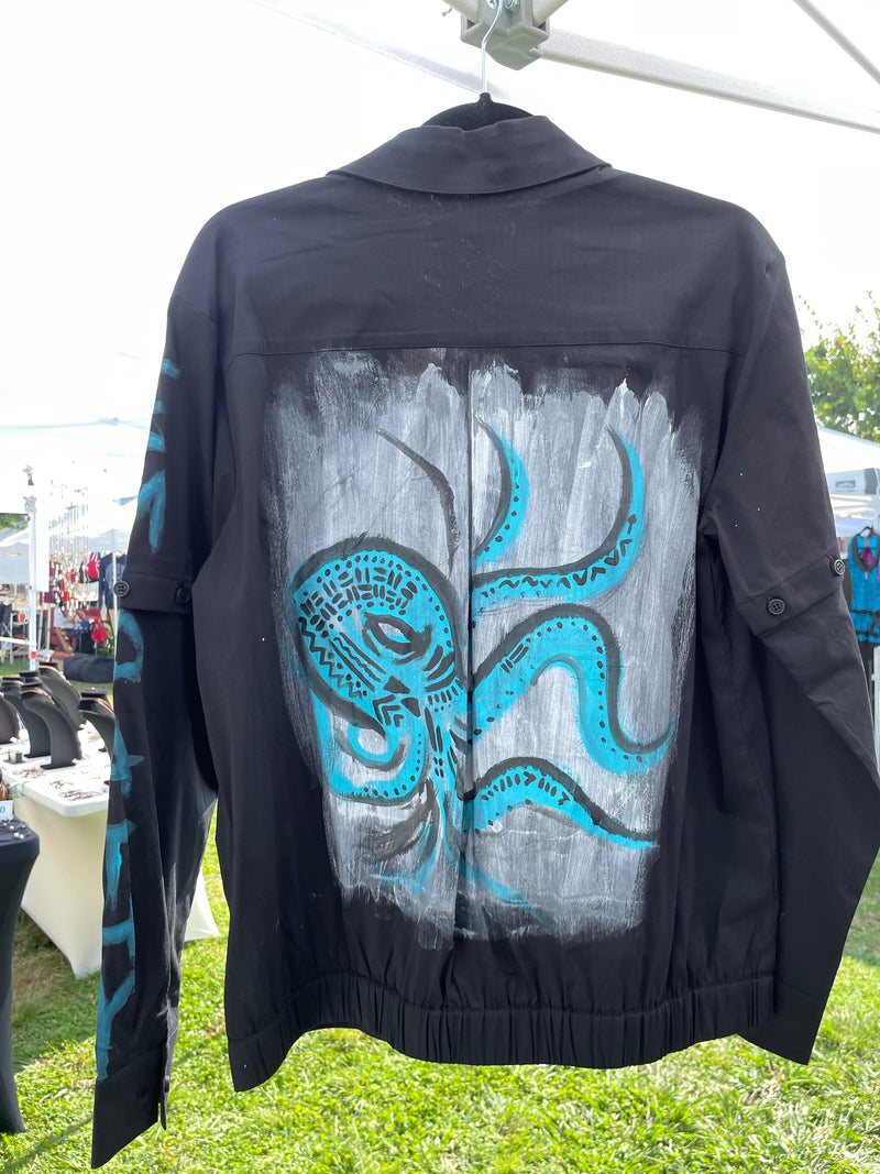 Cassi-Print Upcycled Hand-Painted 2-way Shirt, Blk/Turq Octopus