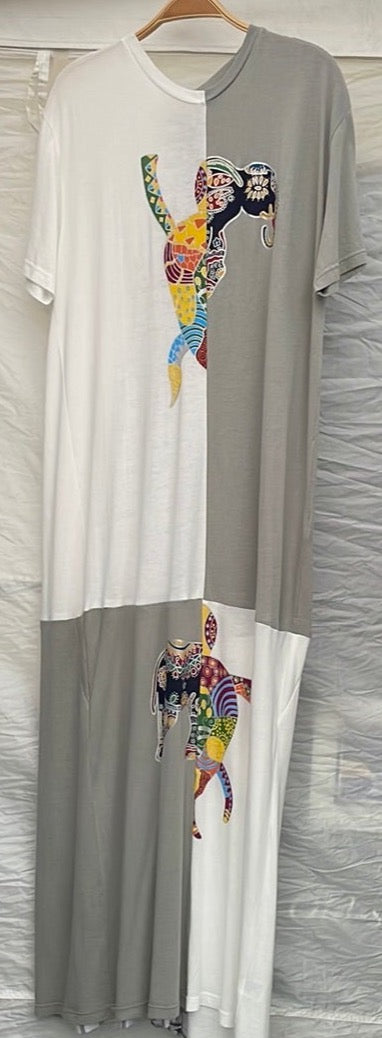 Quadrant Animals Upcycled T-shirt Dress w/ Back Wht Godet, White/Grey