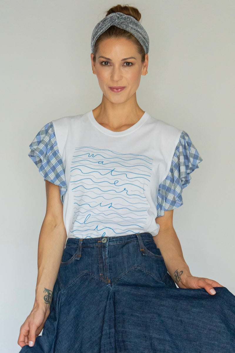 Water is Life Upcycled Tee, White/Blue