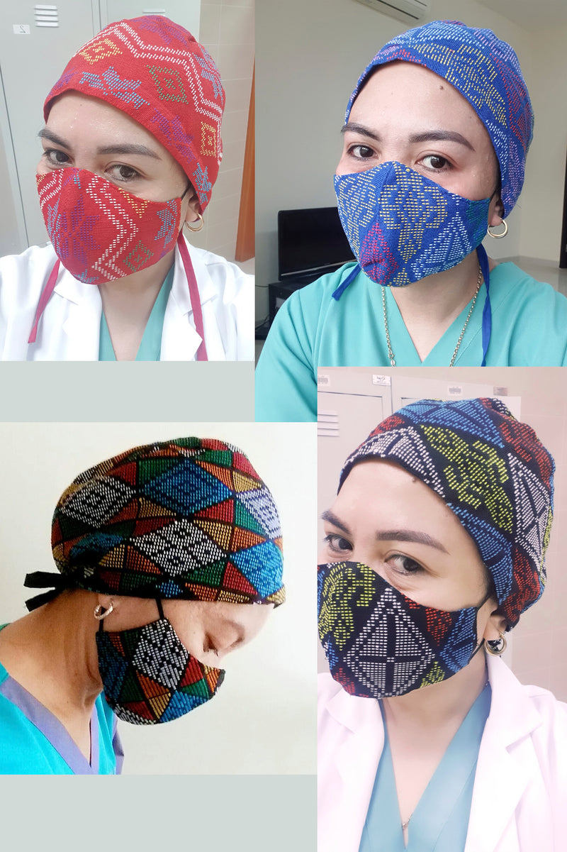 Yakan Handwoven Scrub Cap & Mask Set, 033 Blue/Multi